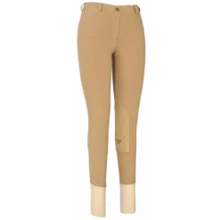 TuffRider Ladies Cotton Lowrise Pull-On Knee Patch Breeches -Cavallo Equestrian Shop sand front 66998.1588621809.1280.1280